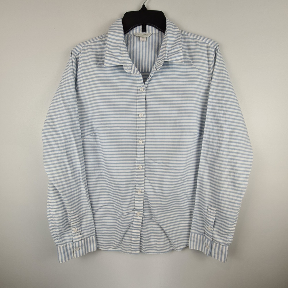 Garnet Hill Striped Button Up Shirt Cotton‎ Size 12 Blue White Preppy Women's